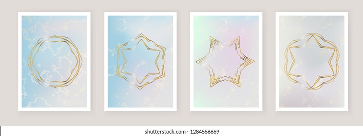 Holographic gradient mesh background with marble stains. Template for banner, mobile screen, brochure, paster. Gold rosettes