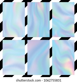 Holographic gradient mesh set vector illustration. Colorful iridescent pastel background.