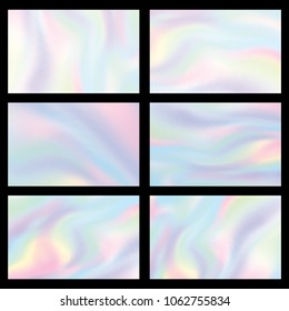 Holographic gradient mesh set vector illustration. Colorful iridescent pastel background.