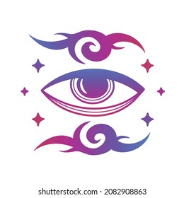 Holographic gradient minimal tribal tattoo illustration. Isolated on white background. Vector trendy holographic logo icon. Techno,minimalistic style eye, tribal print for poster,logo,t-shirt,sticker