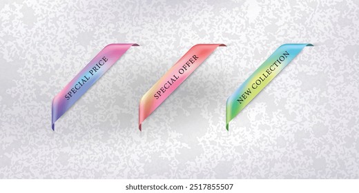 Holographic gradient ribbon and banner vector. Chrome gradient ribbon, shinny tag, glossy label. Promotion sale decoration smooth metal surface. illustration vector premium.