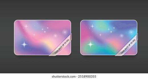 Holographic gradient ribbon and label vector design on card mockup. Chrome gradient ribbon, shinny tag, glossy label. Promotion sale decoration smooth metal surface. illustration vector premium.