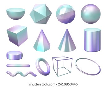 Farbverlauf-Formen in 3D, geometrische Figuren mit bunten Facetten. Vektor-isolierte Geometriedaten mit Polygonen, Würfeln und Kugel, Halbkreis und Kegel, Pyramide und gewellter Linienführung