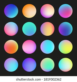 Holographic gradient sphere set. Vector vibrant multicolor neon, purple, blue, green, purple, yellow, orange, pink, cyan round buttons isolated on black background