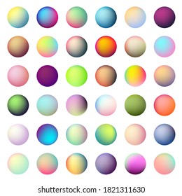 Holographic gradient sphere set. Vector vibrant multicolor neon, purple, blue, green, purple, yellow, orange, pink, cyan round buttons