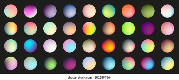 Holographic gradient sphere set. Vector vibrant multicolor neon, purple, blue, green, purple, yellow, orange, pink, cyan round buttons isolated on black background