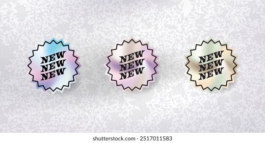 Holographic gradient sticker and label for NEW product. Pastel gradient sticker, shinny tag, glossy label. Promotion sale decoration smooth metal surface. illustration vector premium.