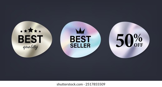 Holographic gradient sticker and label for sale. Hologram stickers gradient sticker, shinny tag, glossy label. Promotion sale decoration smooth metal surface. illustration vector premium.