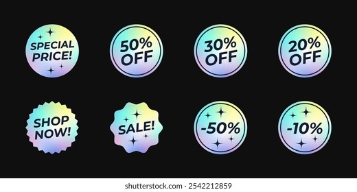 Conjunto de adesivos de gradiente holográfico. Elementos vetoriais isolados na moda de néon futurista brilhante. Etiquetas promocionais com texto. Preço especial, porcentagem, compre agora, venda etc.