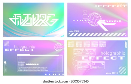 Holographic gradient texture set with trendy and elements. Neon background in psychedelic style. Abstract colorful texture with spectral stains. Holographic backgrounds. Vector polarization effect