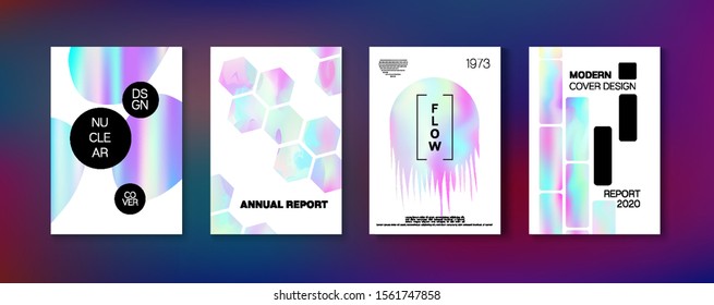 Holographic Gradient Vector Background. Dreamy Holo Bright Trendy Layout. Fluorescent Gradient Overlay Holograph Unfocused Cover.  Hologram Business Soft Covers Set. Rainbow Magazine Print Template.