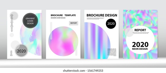 Holographic Gradient Vector Background. Dreamy Holo Bright Trendy Layout. Fluorescent Gradient Overlay Holograph Defocused Cover.  Hologram Minimal Light Covers Set. Rainbow Magazine Print Template.