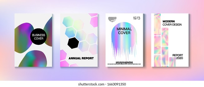 Holographic Gradient Vector Background. Dreamy Holo Bright Trendy Layout. Iridescent Gradient Overlay Holograph Defocused Cover.  Rainbow Magazine Print Template. Hologram Business Soft Covers Set.