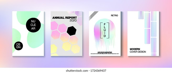 Holographic Gradient Vector Background. Dreamy Holo Bright Trendy Layout. Hologram Business Soft Covers Set. Fluorescent Gradient Overlay Holograph Unfocused Cover.  Rainbow Magazine Print Template.