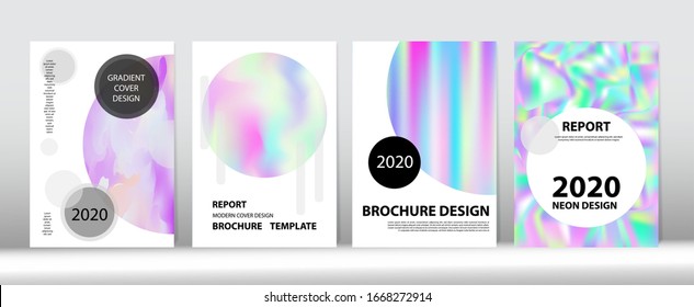 Holographic Gradient Vector Background. Fluorescent Gradient Overlay Holograph Defocused Cover.  Hologram Minimal Light Covers Set. Rainbow Magazine Print Template. Fluid Holo Bright Trendy Layout.