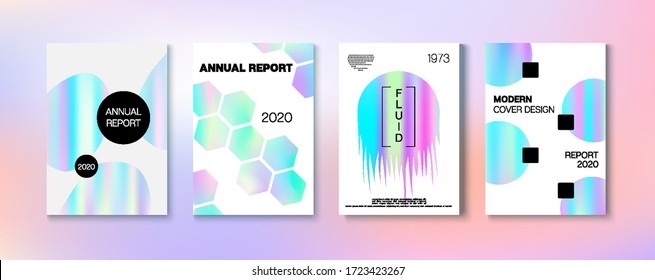 Holographic Gradient Vector Background. Fluorescent Gradient Overlay Holograph Unfocused Cover.  Dreamy Holo Bright Trendy Layout. Hologram Business Soft Covers Set. Rainbow Magazine Print Template.