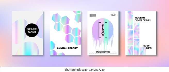 Holographic Gradient Vector Background. Hologram Business Soft Covers Set. Fluid Holo Bright Trendy Layout. Fluorescent Gradient Overlay Holograph Defocused Cover.  Rainbow Magazine Print Template.