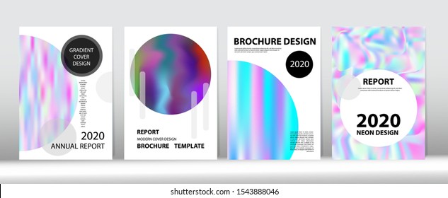 Holographic Gradient Vector Background. Hologram Minimal Light Covers Set. Fluorescent Gradient Overlay Holograph Defocused Cover.  Fluid Holo Bright Trendy Layout. Rainbow Magazine Print Template.