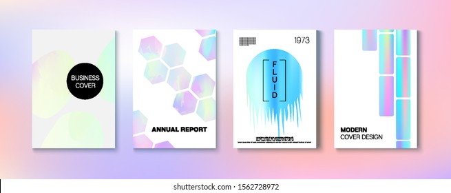 Holographic Gradient Vector Background. Hologram Business Soft Covers Set. Fluid Holo Bright Trendy Layout. Iridescent Gradient Overlay Holograph Defocused Cover.  Rainbow Magazine Print Template.