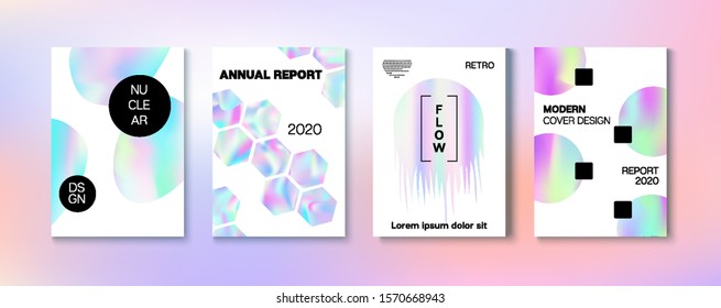 Holographic Gradient Vector Background. Hologram Business Soft Covers Set. Fluid Holo Bright Trendy Layout. Rainbow Magazine Print Template. Fluorescent Gradient Overlay Holograph Unfocused Cover. 
