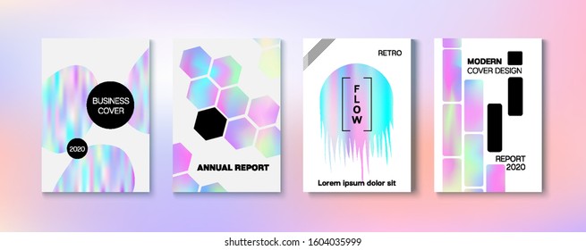 Holographic Gradient Vector Background. Hologram Business Soft Covers Set. Rainbow Magazine Print Template. Fluid Holo Bright Trendy Layout. Iridescent Gradient Overlay Holograph Unfocused Cover. 