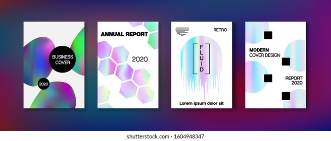 Holographic Gradient Vector Background. Hologram Business Soft Covers Set. Fluid Holo Bright Trendy Layout. Fluorescent Gradient Overlay Holograph Unfocused Cover.  Rainbow Magazine Print Template.