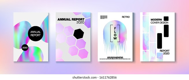 Holographic Gradient Vector Background. Hologram Business Soft Covers Set. Fluid Holo Bright Trendy Layout. Fluorescent Gradient Overlay Holograph Unfocused Cover.  Rainbow Magazine Print Template.