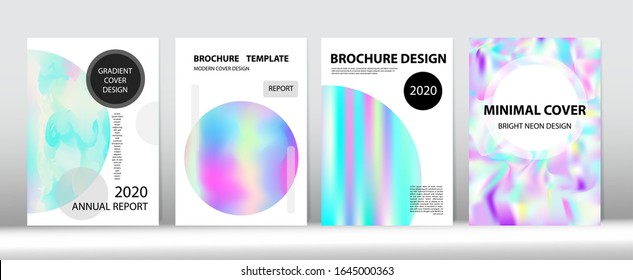 Holographic Gradient Vector Background. Hologram Minimal Light Covers Set. Iridescent Gradient Overlay Holograph Defocused Cover.  Dreamy Holo Bright Trendy Layout. Rainbow Magazine Print Template.