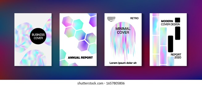 Holographic Gradient Vector Background. Hologram Business Soft Covers Set. Fluid Holo Bright Trendy Layout. Iridescent Gradient Overlay Holograph Unfocused Cover.  Rainbow Magazine Print Template.