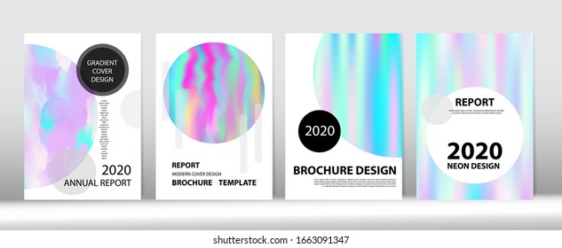Holographic Gradient Vector Background. Hologram Minimal Light Covers Set. Dreamy Holo Bright Trendy Layout. Fluorescent Gradient Overlay Holograph Unfocused Cover.  Rainbow Magazine Print Template.