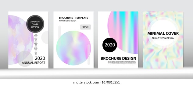 Holographic Gradient Vector Background. Hologram Minimal Light Covers Set. Iridescent Gradient Overlay Holograph Defocused Cover.  Rainbow Magazine Print Template. Liquid Holo Bright Trendy Layout.