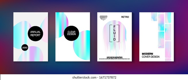 Holographic Gradient Vector Background. Hologram Business Soft Covers Set. Fluorescent Gradient Overlay Holograph Defocused Cover.  Rainbow Magazine Print Template. Liquid Holo Bright Trendy Layout.