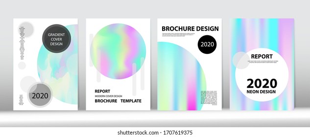 Holographic Gradient Vector Background. Hologram Minimal Light Covers Set. Fluid Holo Bright Trendy Layout. Fluorescent Gradient Overlay Holograph Defocused Cover.  Rainbow Magazine Print Template.