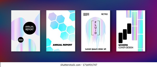 Holographic Gradient Vector Background. Hologram Business Soft Covers Set. Fluid Holo Bright Trendy Layout. Iridescent Gradient Overlay Holograph Unfocused Cover.  Rainbow Magazine Print Template.