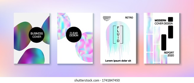 Holographic Gradient Vector Background. Hologram Business Soft Covers Set. Fluid Holo Bright Trendy Layout. Iridescent Gradient Overlay Holograph Unfocused Cover.  Rainbow Magazine Print Template.
