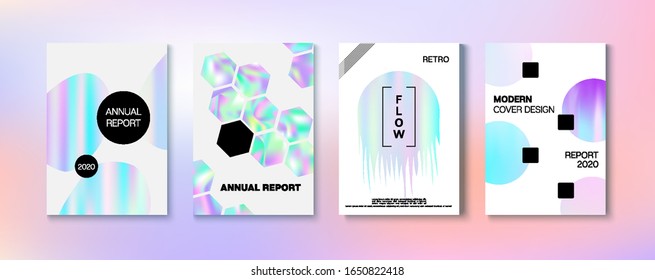 Fondo del vector de degradado holográfico. Diseño de diseño de diseño brillante de Holo líquido. Juego de tapas holográficas para empresas. Plantilla de impresión de la revista Rainbow. Tapa del holograma de degradado perlentín desenfocada. 