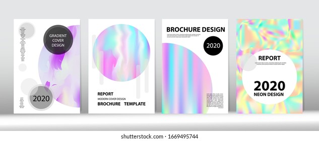 Holografische Farbverlauf-Vektorillustration-Hintergrund. Liquid Holo Bright Trendy Layout. Rainbow Magazine Print Template. Leuchtstoffstrahler-Farbüberlagshologen Unfokussierte Abdeckung. Hologram Minimal Light Covers Set.