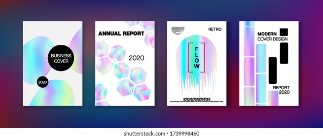 Holographic Gradient Vector Background. Pearlescent Gradient Overlay Holograph Unfocused Cover.  Rainbow Magazine Print Template. Liquid Holo Bright Trendy Layout. Hologram Business Soft Covers Set.
