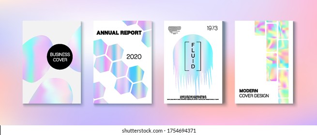 Holographic Gradient Vector Background. Pearlescent Gradient Overlay Holograph Unfocused Cover.  Rainbow Magazine Print Template. Hologram Business Soft Covers Set. Liquid Holo Bright Trendy Layout.