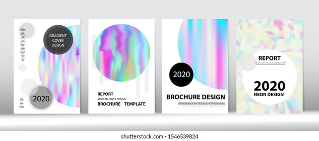 Holographic Gradient Vector Background. Rainbow Magazine Print Template. Hologram Minimal Light Covers Set. Fluorescent Gradient Overlay Holograph Defocused Cover.  Dreamy Holo Bright Trendy Layout.