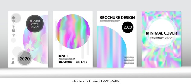 Holographic Gradient Vector Background. Rainbow Magazine Print Template. Hologram Minimal Light Covers Set. Fluid Holo Bright Trendy Layout. Iridescent Gradient Overlay Holograph Defocused Cover. 