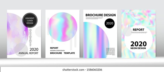 Holographic Gradient Vector Background. Rainbow Magazine Print Template. Fluorescent Gradient Overlay Holograph Unfocused Cover.  Fluid Holo Bright Trendy Layout. Hologram Minimal Light Covers Set.