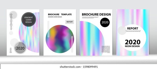 Holographic Gradient Vector Background. Rainbow Magazine Print Template. Fluorescent Gradient Overlay Holograph Defocused Cover.  Hologram Minimal Light Covers Set. Dreamy Holo Bright Trendy Layout.