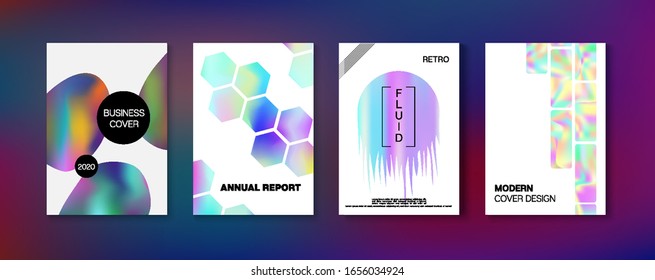 Holographic Gradient Vector Background. Rainbow Magazine Print Template. Hologram Business Soft Covers Set. Fluid Holo Bright Trendy Layout. Fluorescent Gradient Overlay Holograph Defocused Cover. 