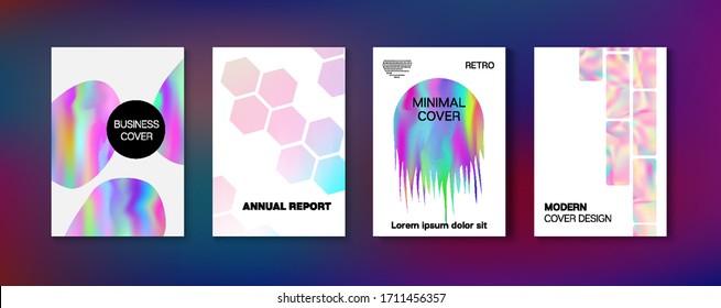 Holographic Gradient Vector Background. Rainbow Magazine Print Template. Fluorescent Gradient Overlay Holograph Defocused Cover.  Hologram Business Soft Covers Set. Fluid Holo Bright Trendy Layout.