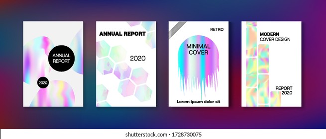 Holographic Gradient Vector Background. Rainbow Magazine Print Template. Pearlescent Gradient Overlay Holograph Unfocused Cover.  Liquid Holo Bright Trendy Layout. Hologram Business Soft Covers Set.