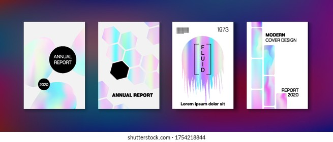 Holographic Gradient Vector Background. Rainbow Magazine Print Template. Hologram Business Soft Covers Set. Iridescent Gradient Overlay Holograph Defocused Cover.  Liquid Holo Bright Trendy Layout.