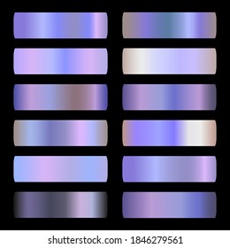 Holographic Gradient vector set. Shiny, holographic, pearl, neon, chrome metallic, light purple gradation colors for border, logo, label design, packaging, frame ribbon award certificate