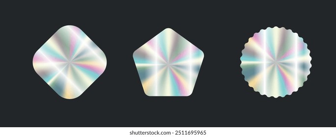 Etiqueta engomada holográfica del Vector del gradiente, Plantilla del emblema del holograma de la etiqueta con diversas Formas fijadas. Diseño web, comercio electrónico, ideal para cualquier producto. Degradado de malla