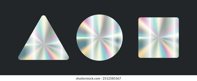 Holographic gradient vector sticker, label hologram emblem template with different shapes set. Web design, e-commercial, great for any products. Mesh gradient